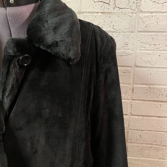 Vintage Leather/Fur Black Full Length Coat Black L - Picture 3 of 7